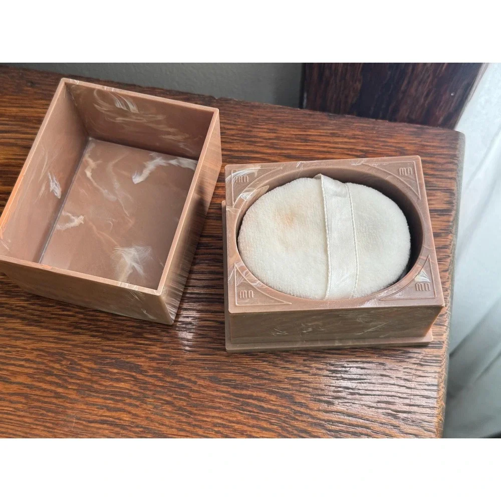 Vintage Merle Norman Cosmetics Powder Box Brown Marble Plastic with Clear Lid